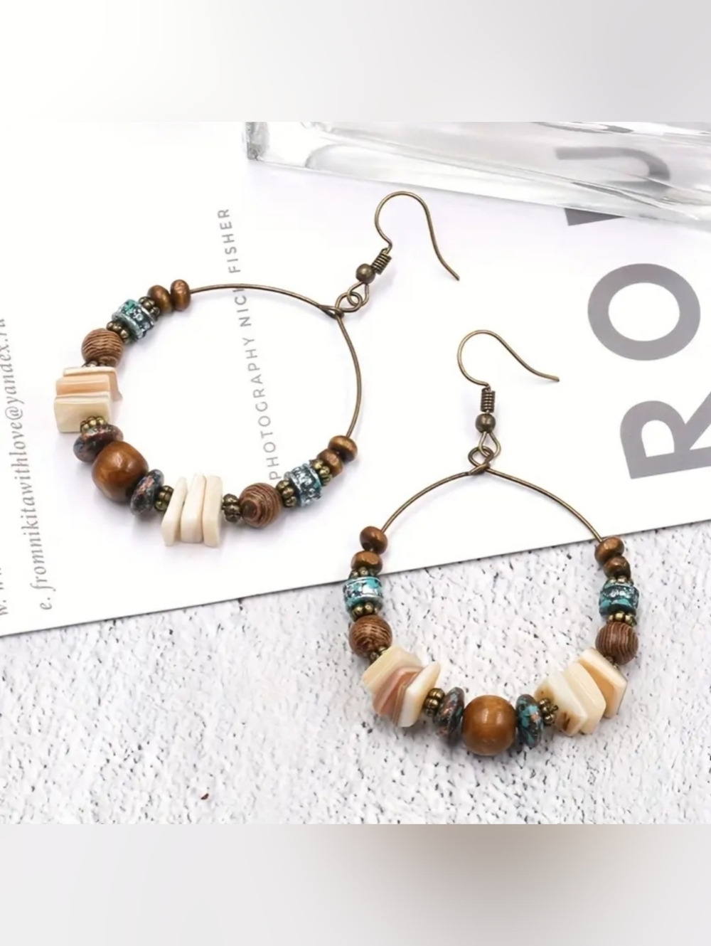 Beaded Shell & Wood Hoop Dangle Earrings